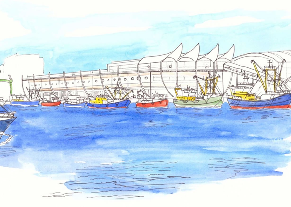From the northwest, the new, state of the art facility offers an iconic backdrop to the proud Plymouth fishing fleet, landing catches and preparing for sea.